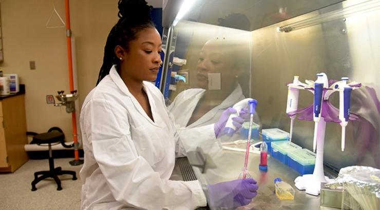 在特拉华理工大学的实验室里，身穿实验室大褂、戴着无菌手套的奈·布朗站在透明屏障的一边，双手在屏障的另一边进行手术