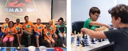 A coll年龄 of two im年龄s of children participating in youth programs. On the left is two children playing chess and on the right is a group of children sitting together who were part of a fossil-themed course
