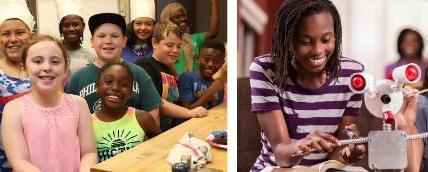 A collage of two images of children participating in youth programs. On the left is a student making adjustments to a robot, and on the right is a group of children smiling cheerfully with some of the children wearing chefs hats